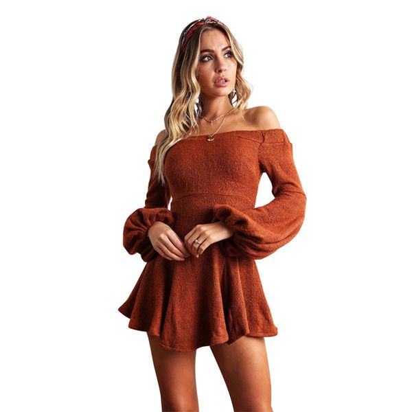 slash neck womens sweater dress designer puff sleeve casual warm dress fashion mini a line ladies dresses, Black;gray
